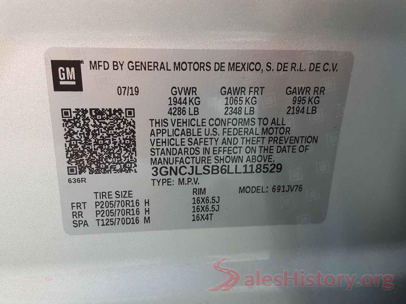 3GNCJLSB6LL118529 2020 CHEVROLET TRAX