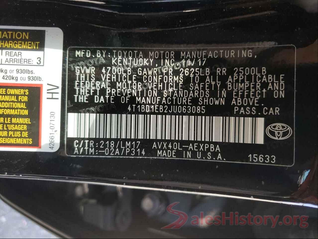 4T1BD1EB2JU063085 2018 TOYOTA AVALON