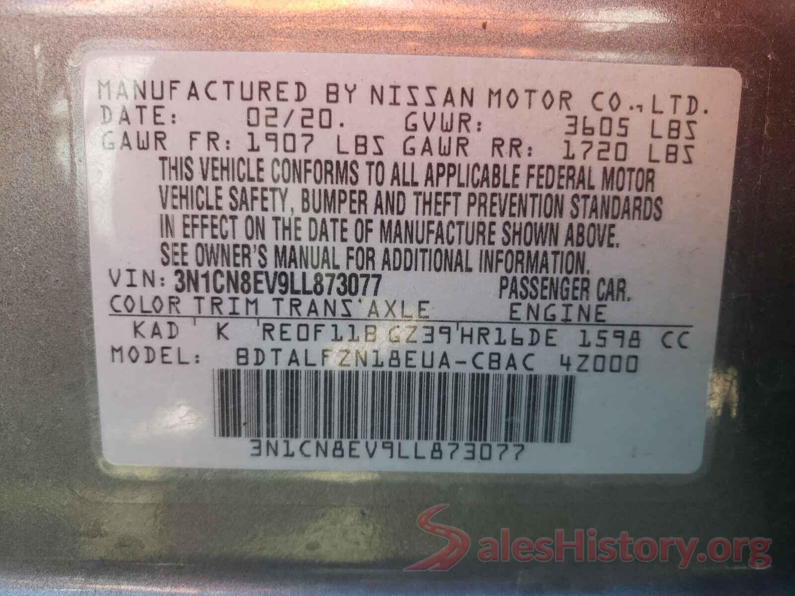 3N1CN8EV9LL873077 2020 NISSAN VERSA