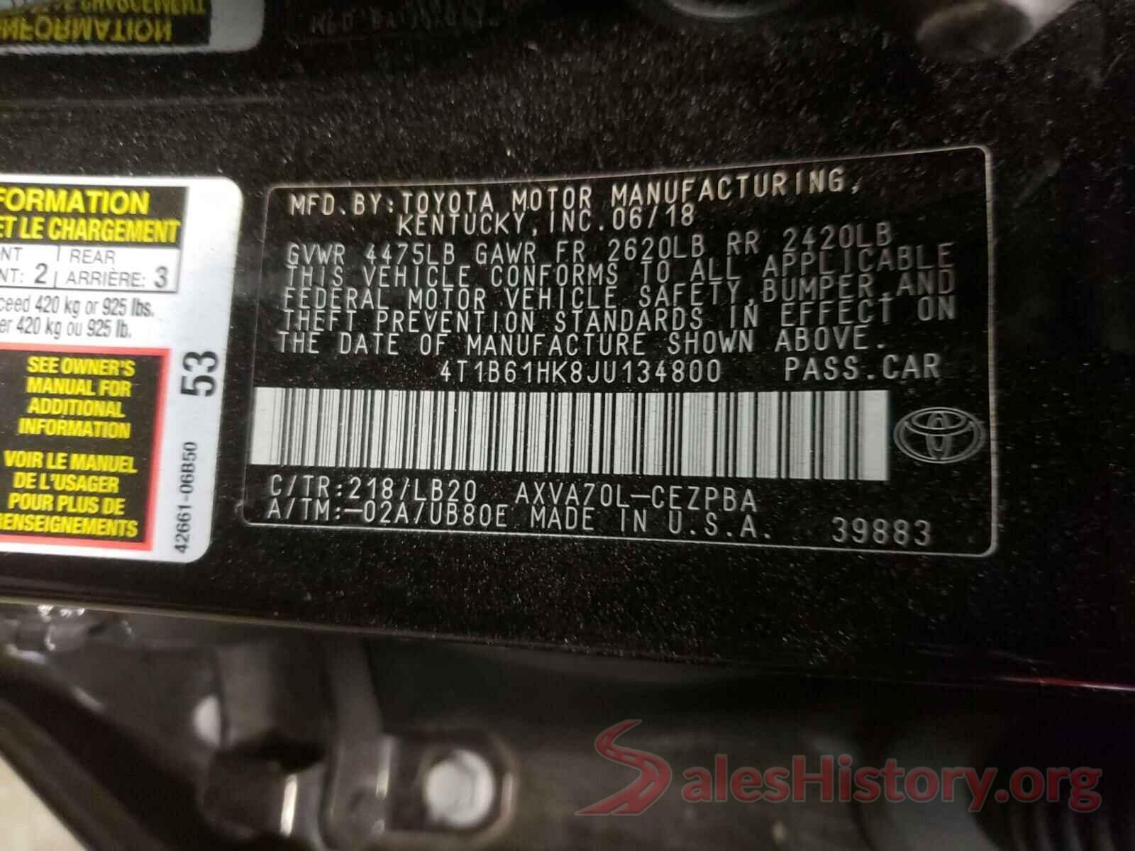 4T1B61HK8JU134800 2018 TOYOTA CAMRY