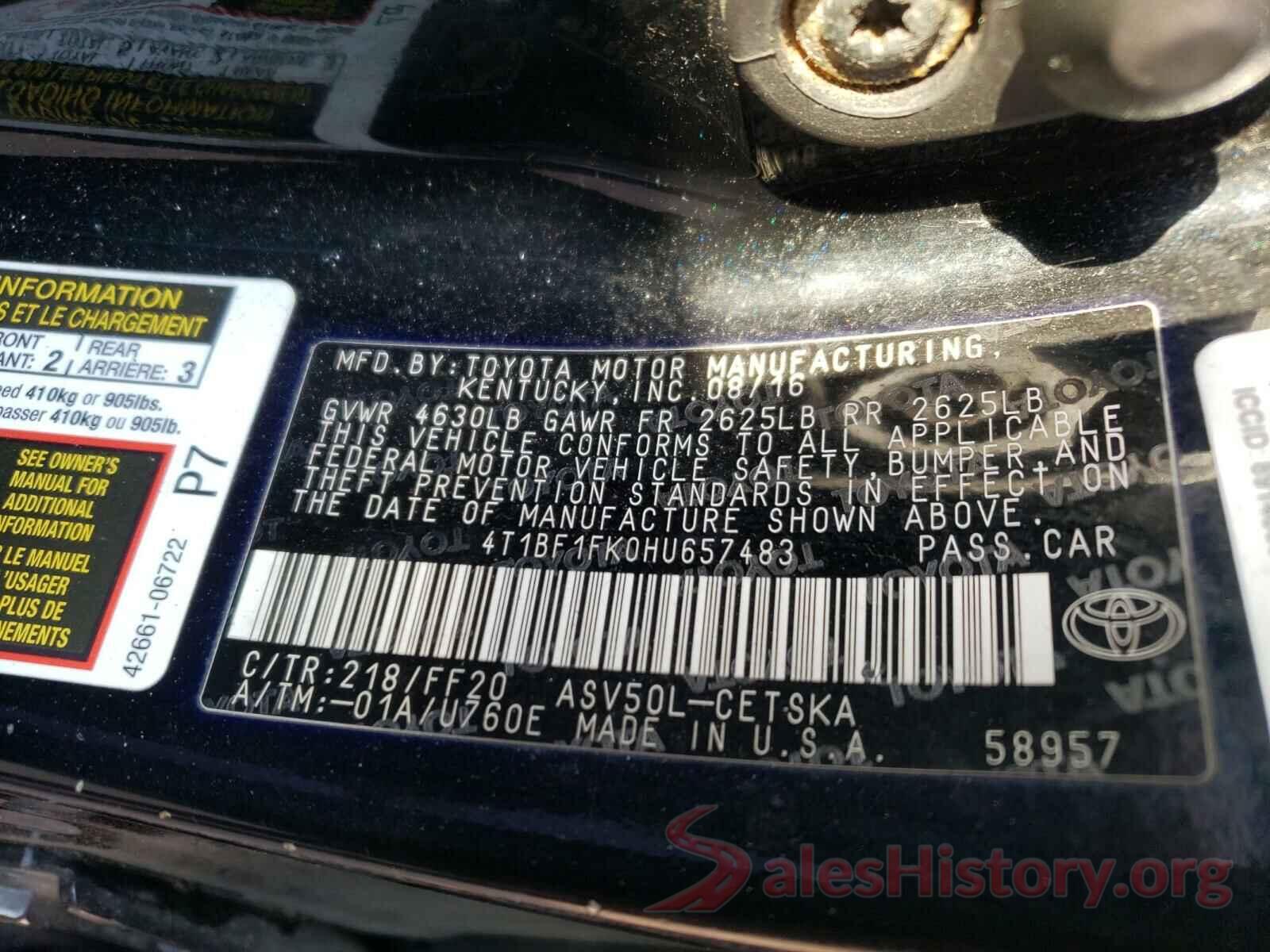 4T1BF1FK0HU657483 2017 TOYOTA CAMRY