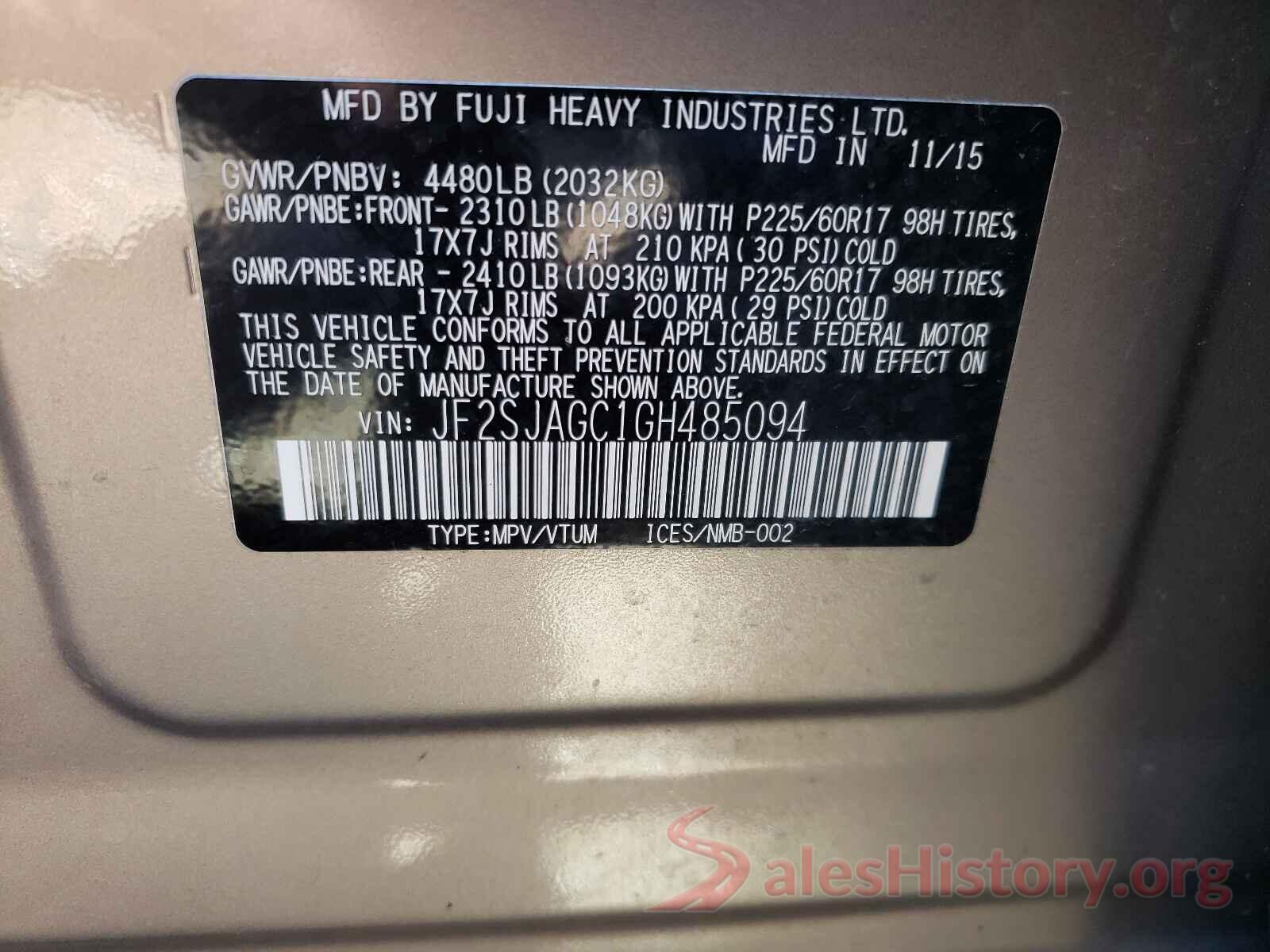 JF2SJAGC1GH485094 2016 SUBARU FORESTER