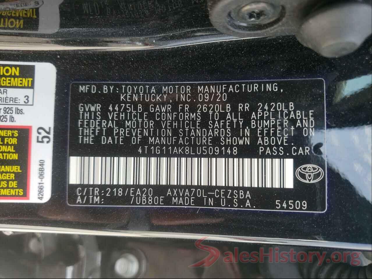 4T1G11AK8LU509148 2020 TOYOTA CAMRY