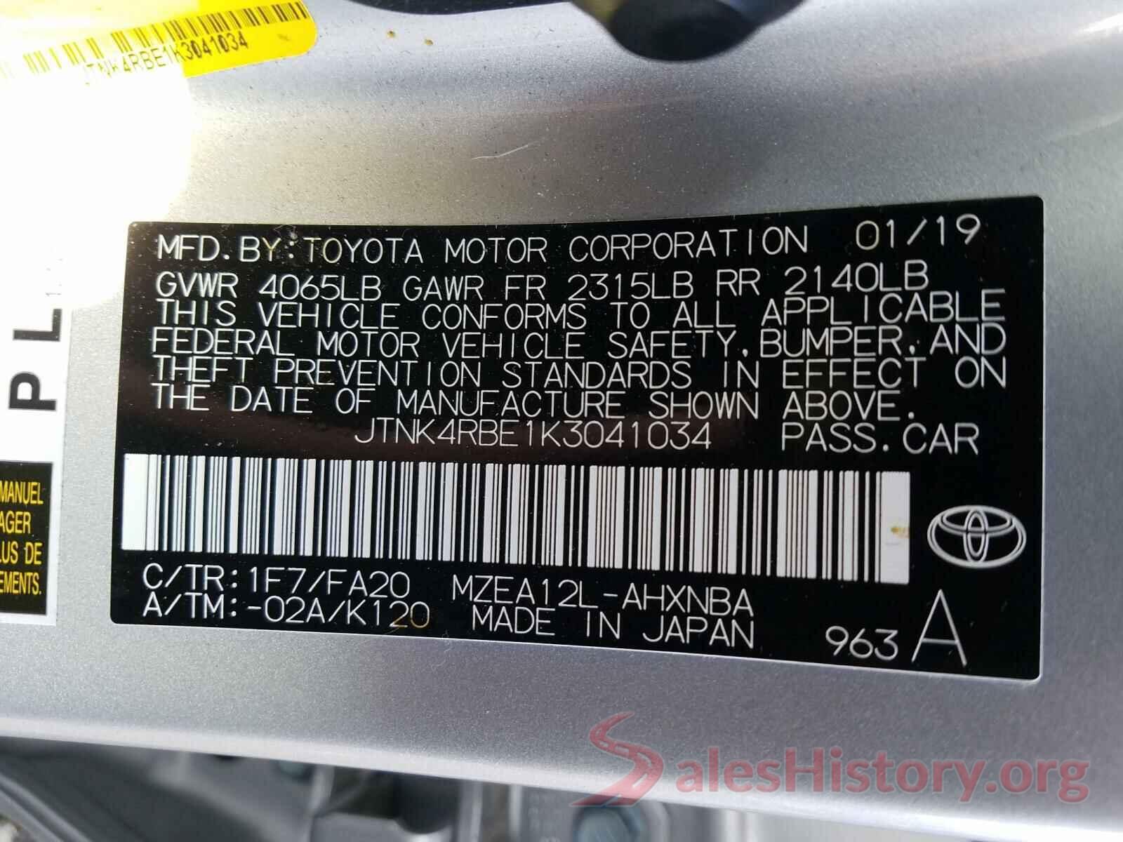 JTNK4RBE1K3041034 2019 TOYOTA COROLLA