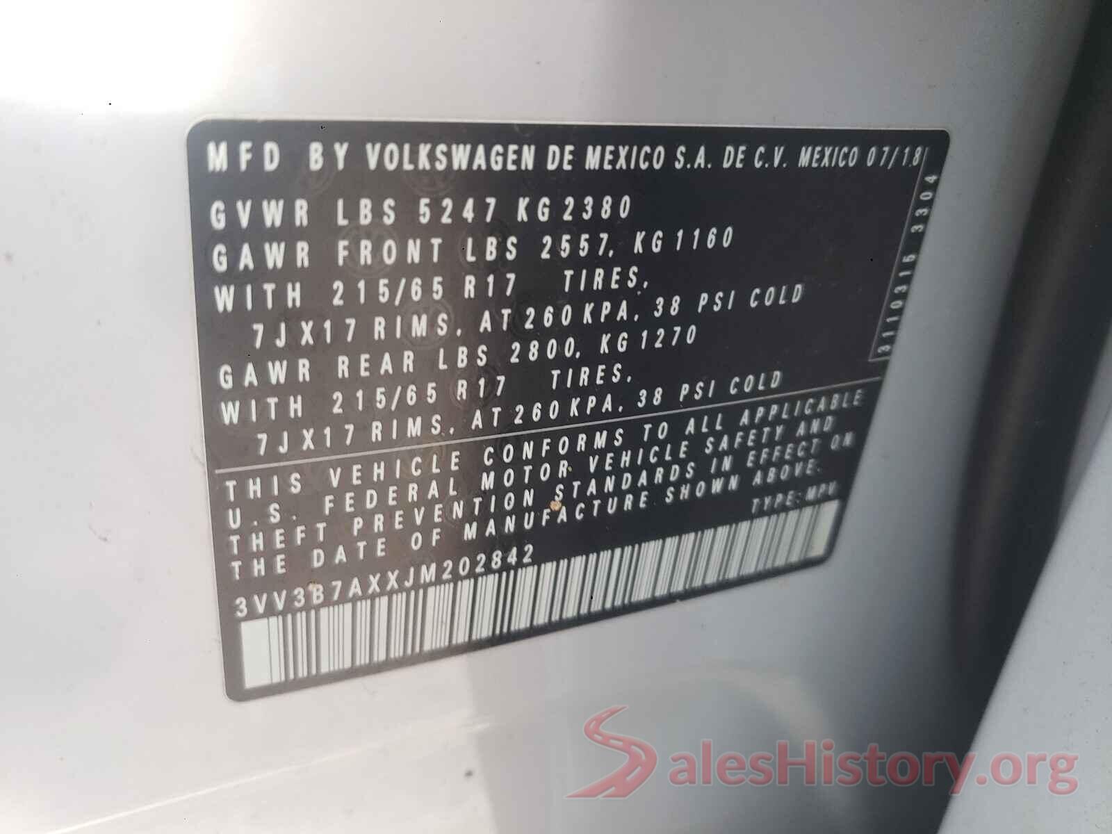 3VV3B7AXXJM202842 2018 VOLKSWAGEN TIGUAN