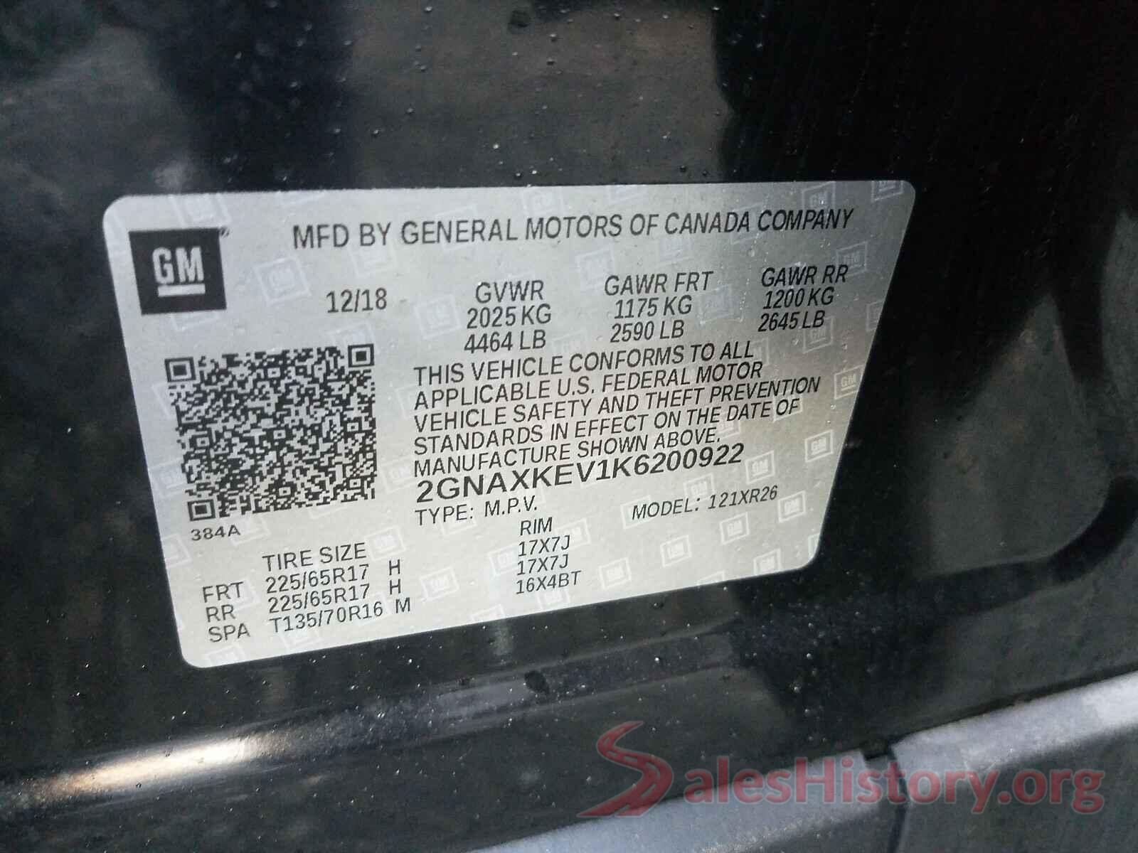 2GNAXKEV1K6200922 2019 CHEVROLET EQUINOX