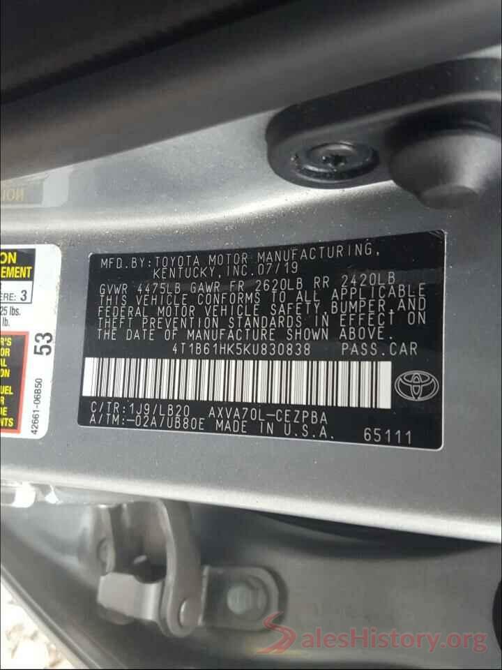 4T1B61HK5KU830838 2019 TOYOTA CAMRY