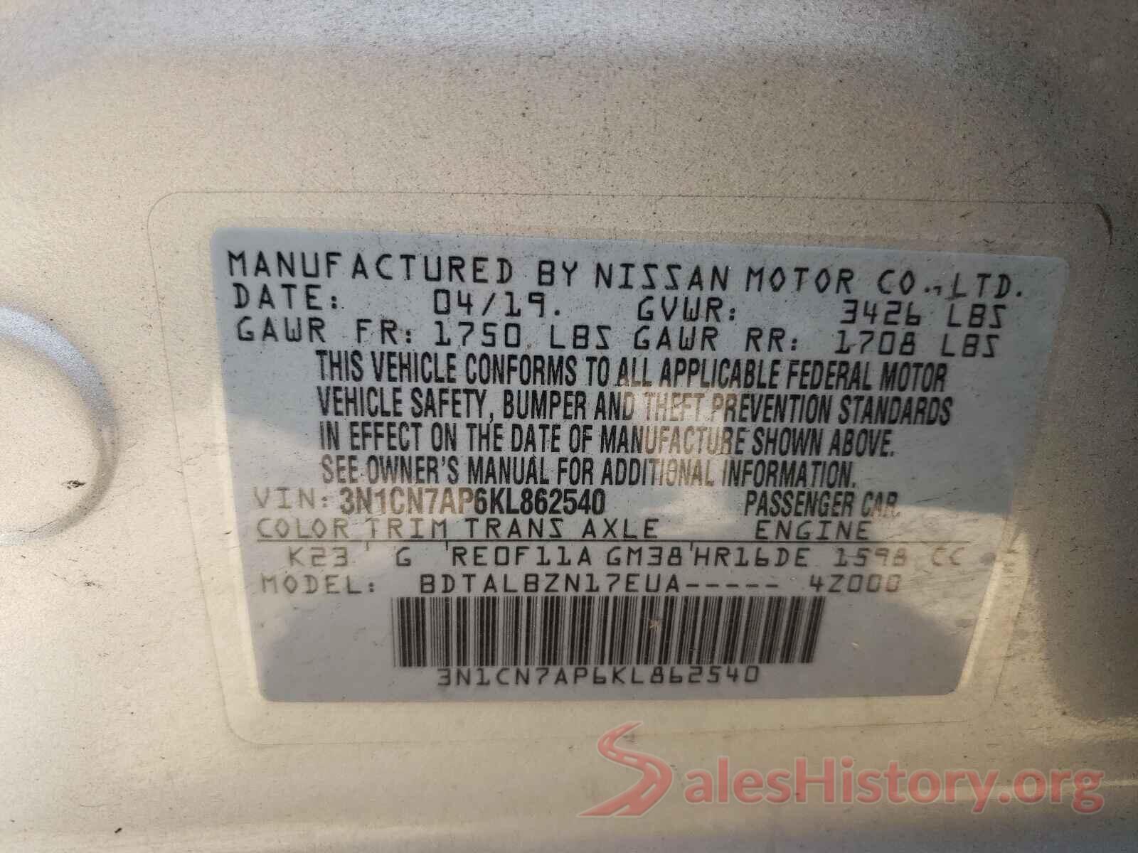 3N1CN7AP6KL862540 2019 NISSAN VERSA