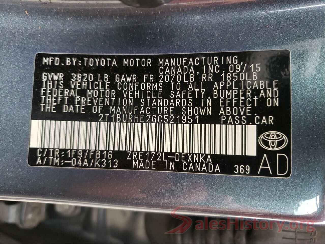 2T1BURHE2GC521951 2016 TOYOTA COROLLA