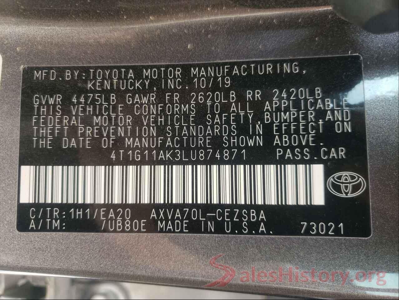 4T1G11AK3LU874871 2020 TOYOTA CAMRY