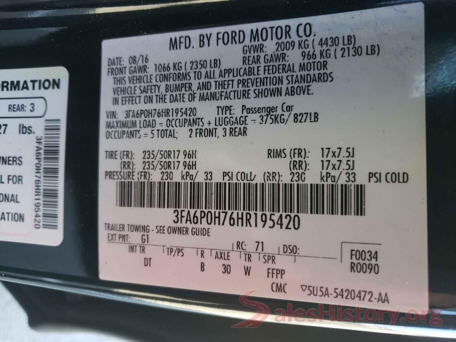 3FA6P0H76HR195420 2017 FORD FUSION