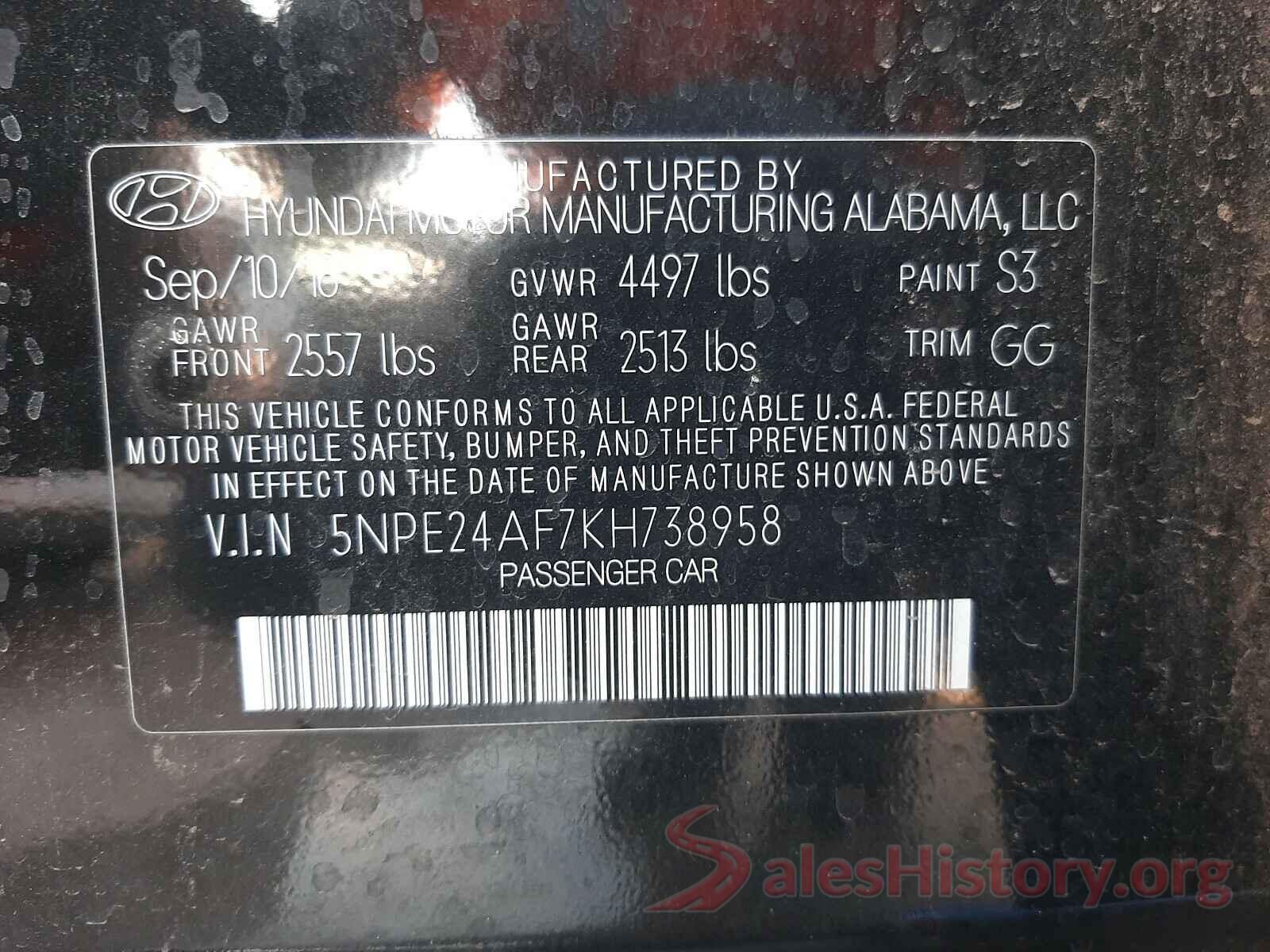 5NPE24AF7KH738958 2019 HYUNDAI SONATA