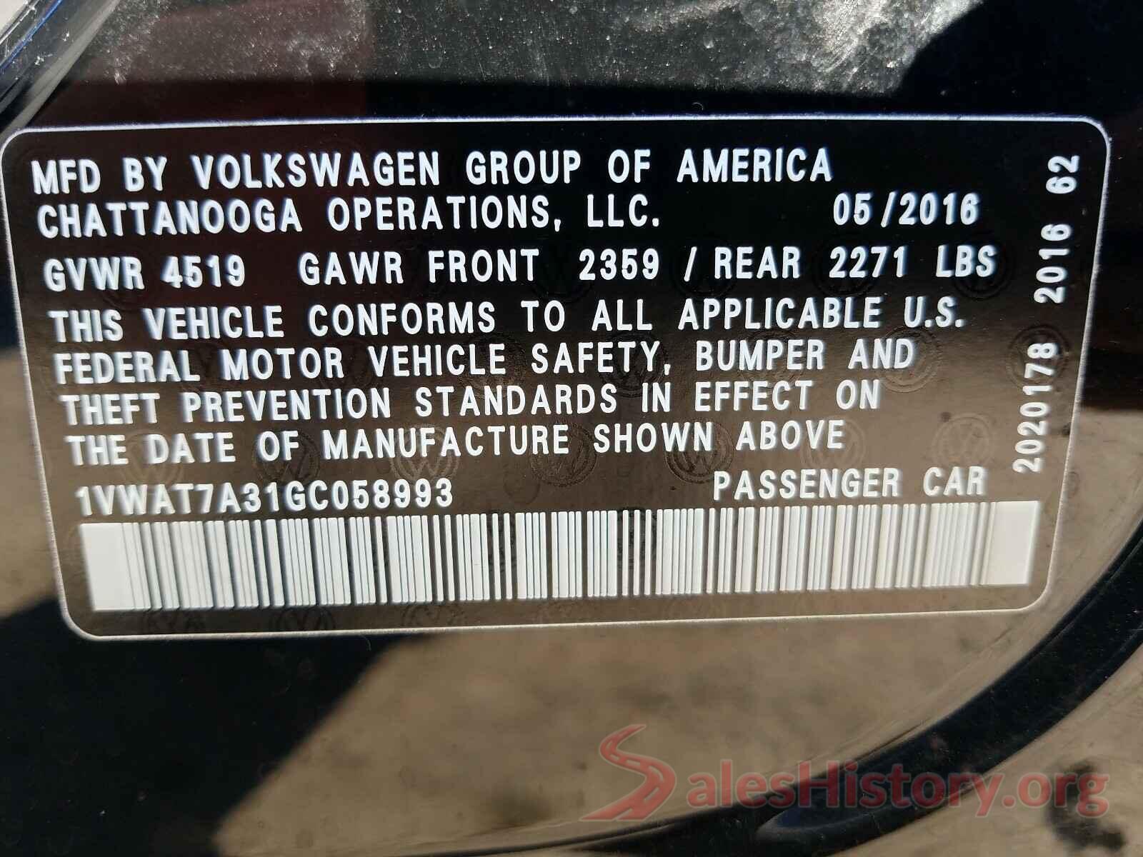 1VWAT7A31GC058993 2016 VOLKSWAGEN PASSAT