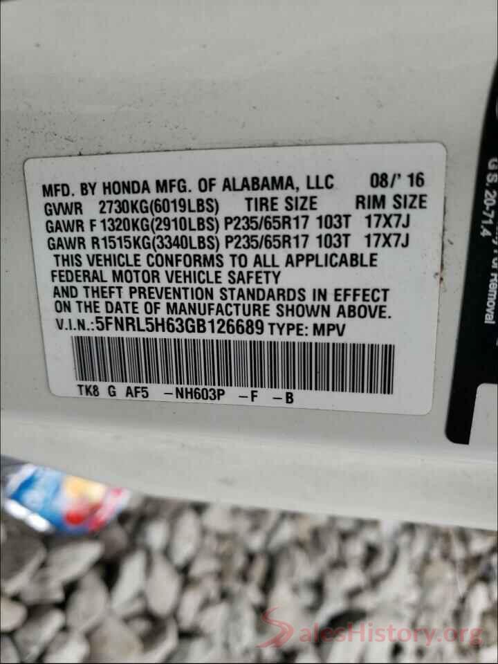 5FNRL5H63GB126689 2016 HONDA ODYSSEY