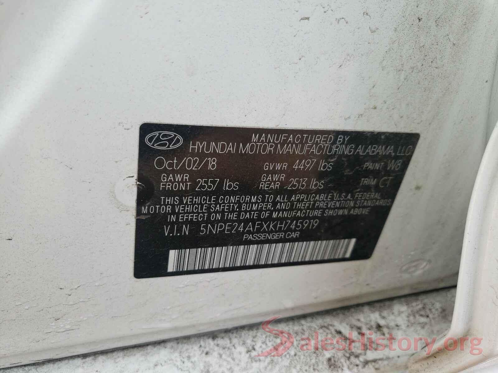 5NPE24AFXKH745919 2019 HYUNDAI SONATA