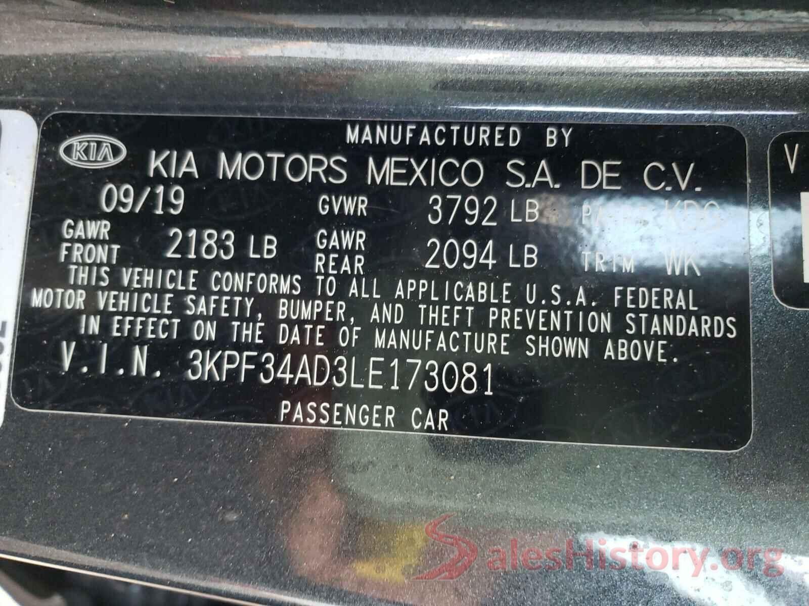 3KPF34AD3LE173081 2020 KIA FORTE