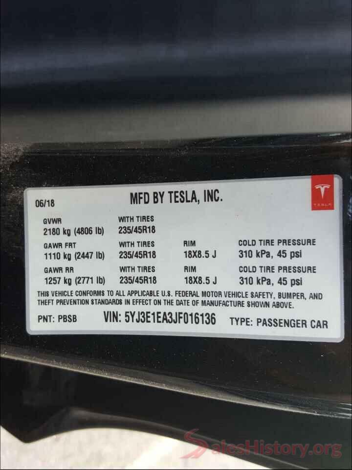 5YJ3E1EA3JF016136 2018 TESLA MODEL 3