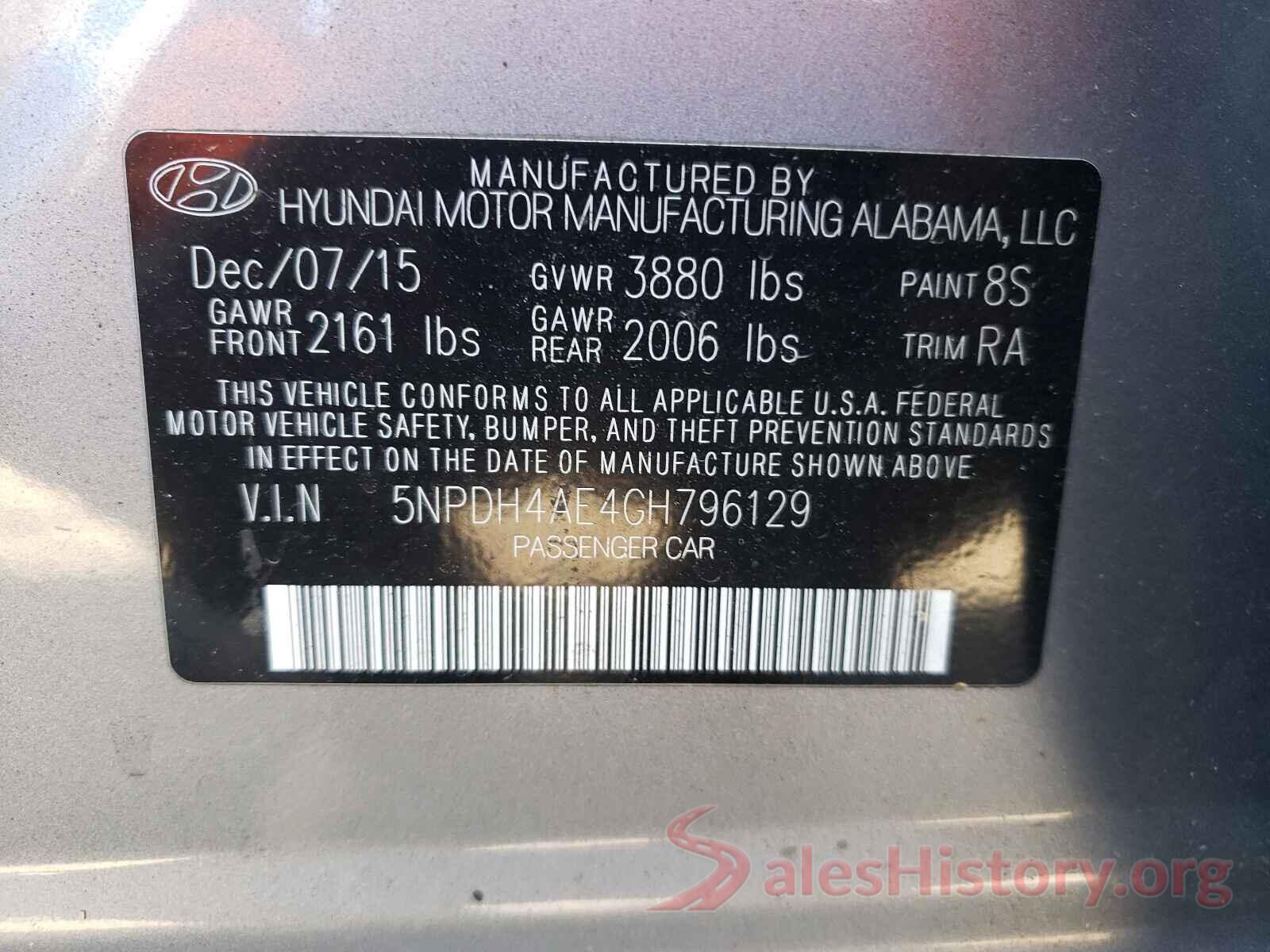 5NPDH4AE4GH796129 2016 HYUNDAI ELANTRA