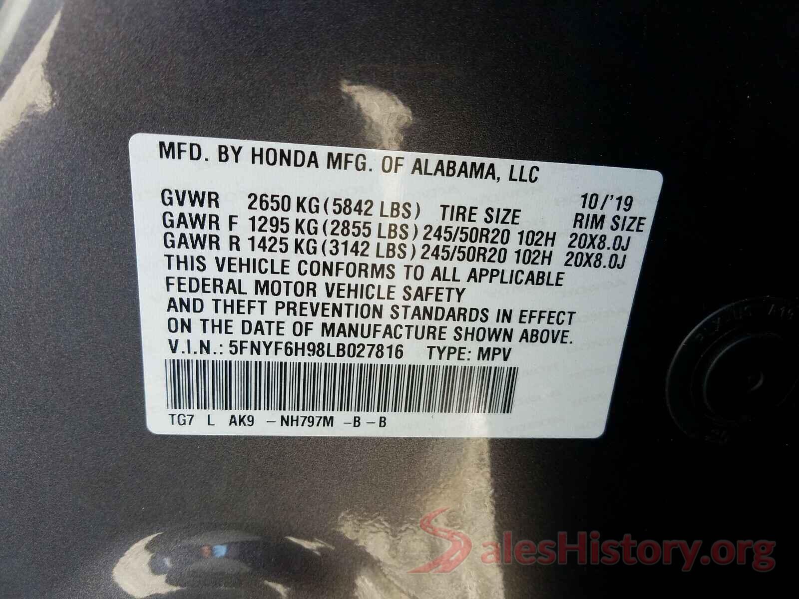 5FNYF6H98LB027816 2020 HONDA PILOT