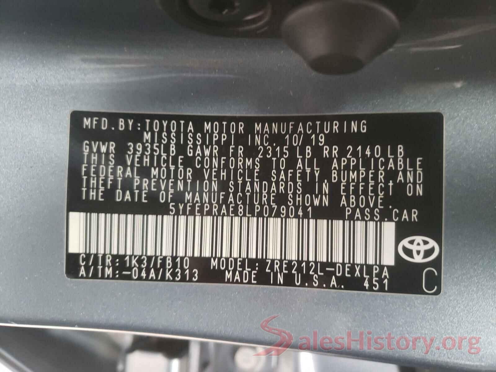 5YFEPRAE8LP079041 2020 TOYOTA COROLLA