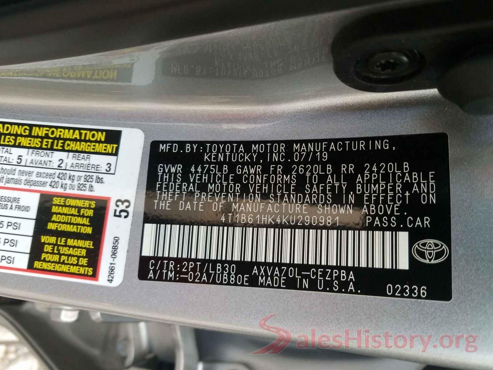 4T1B61HK4KU290981 2019 TOYOTA CAMRY