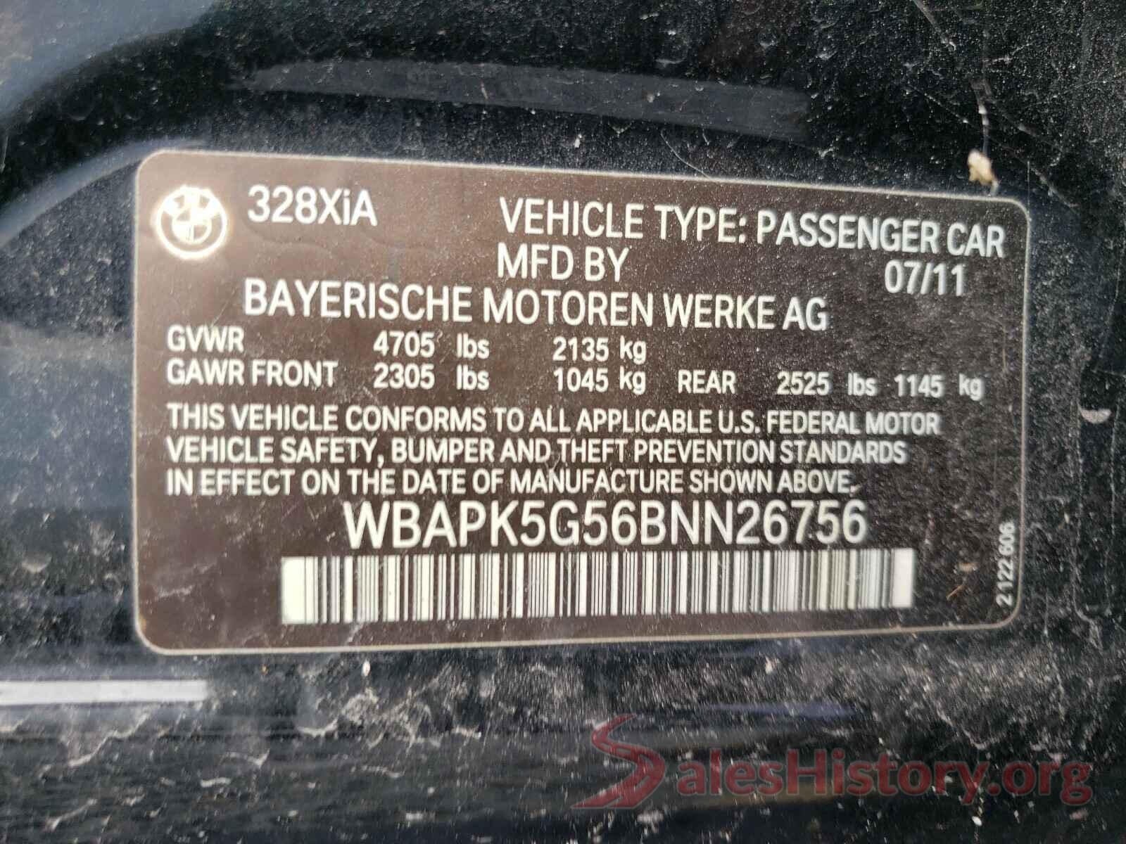 WBAPK5G56BNN26756 2011 BMW 3 SERIES