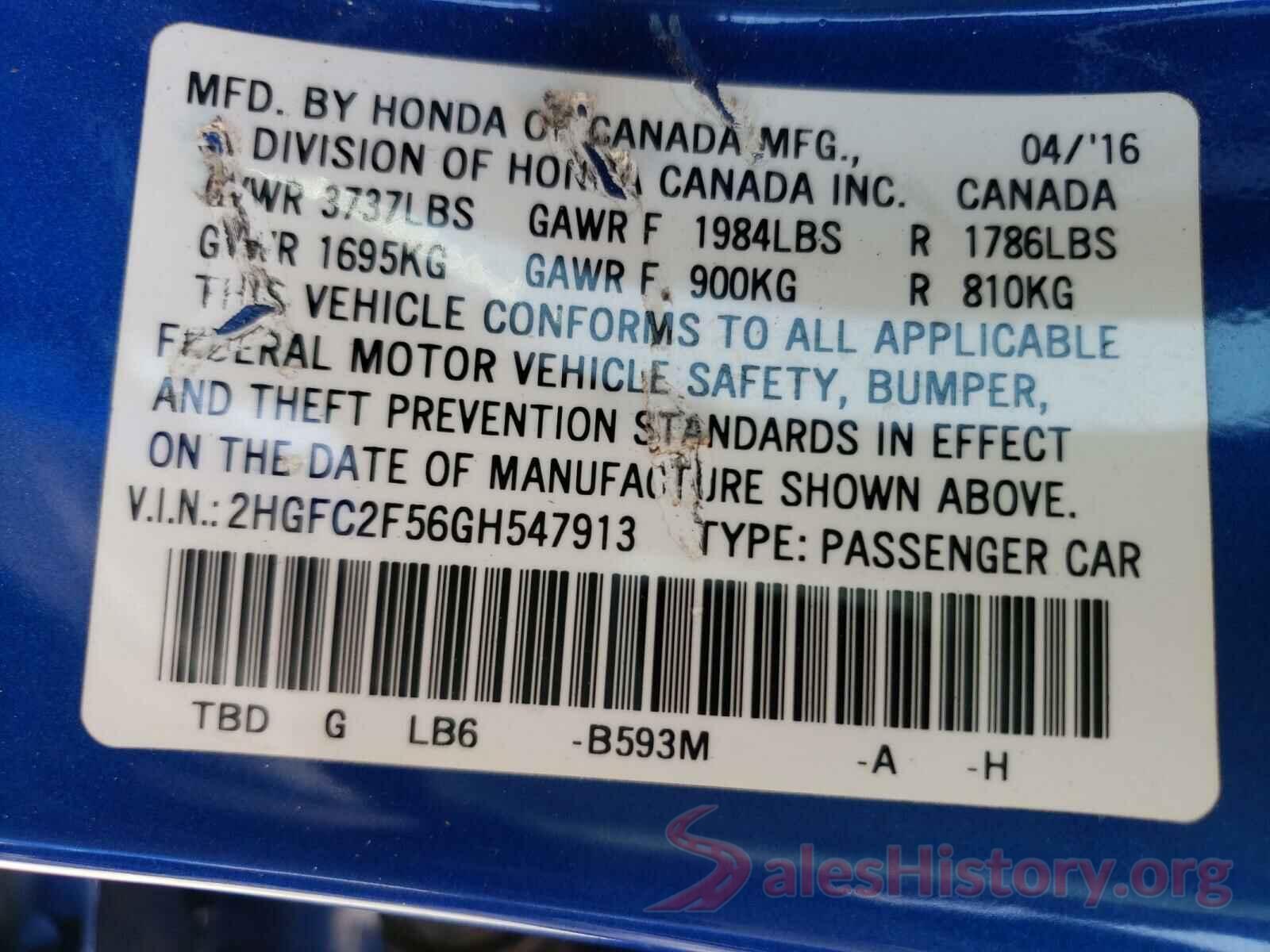 2HGFC2F56GH547913 2016 HONDA CIVIC