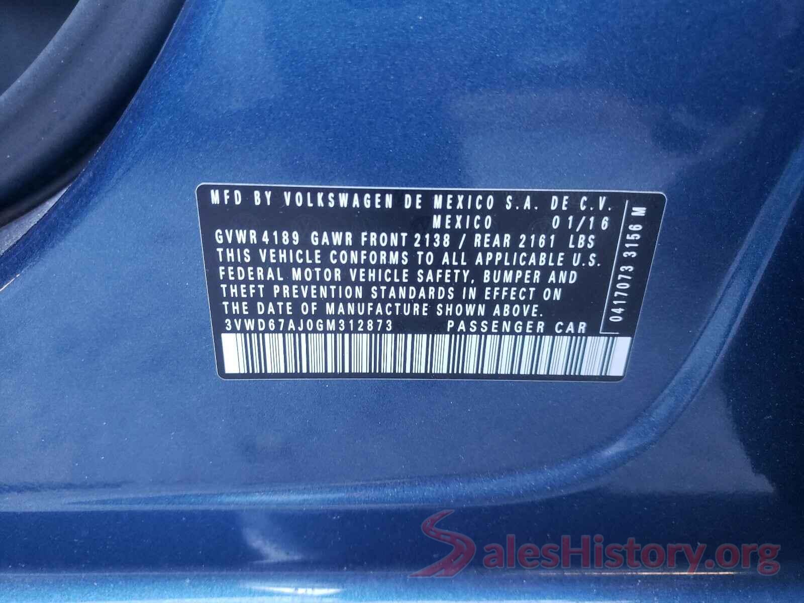 3VWD67AJ0GM312873 2016 VOLKSWAGEN JETTA