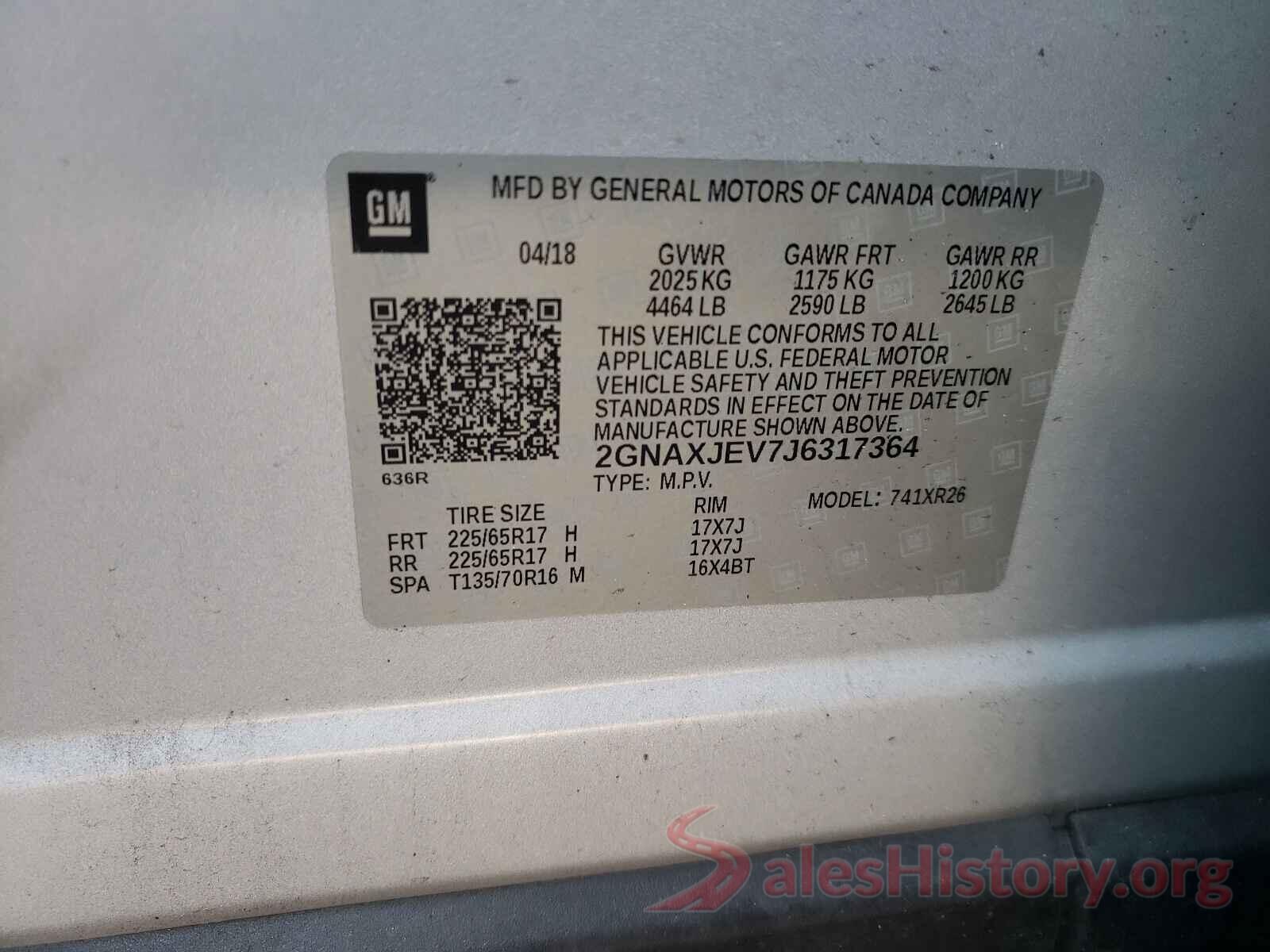 2GNAXJEV7J6317364 2018 CHEVROLET EQUINOX