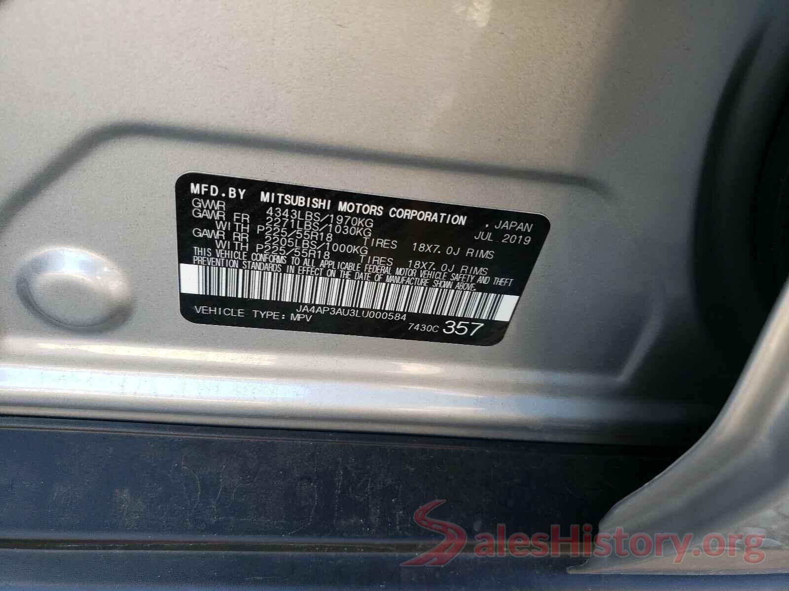 JA4AP3AU3LU000584 2020 MITSUBISHI OUTLANDER