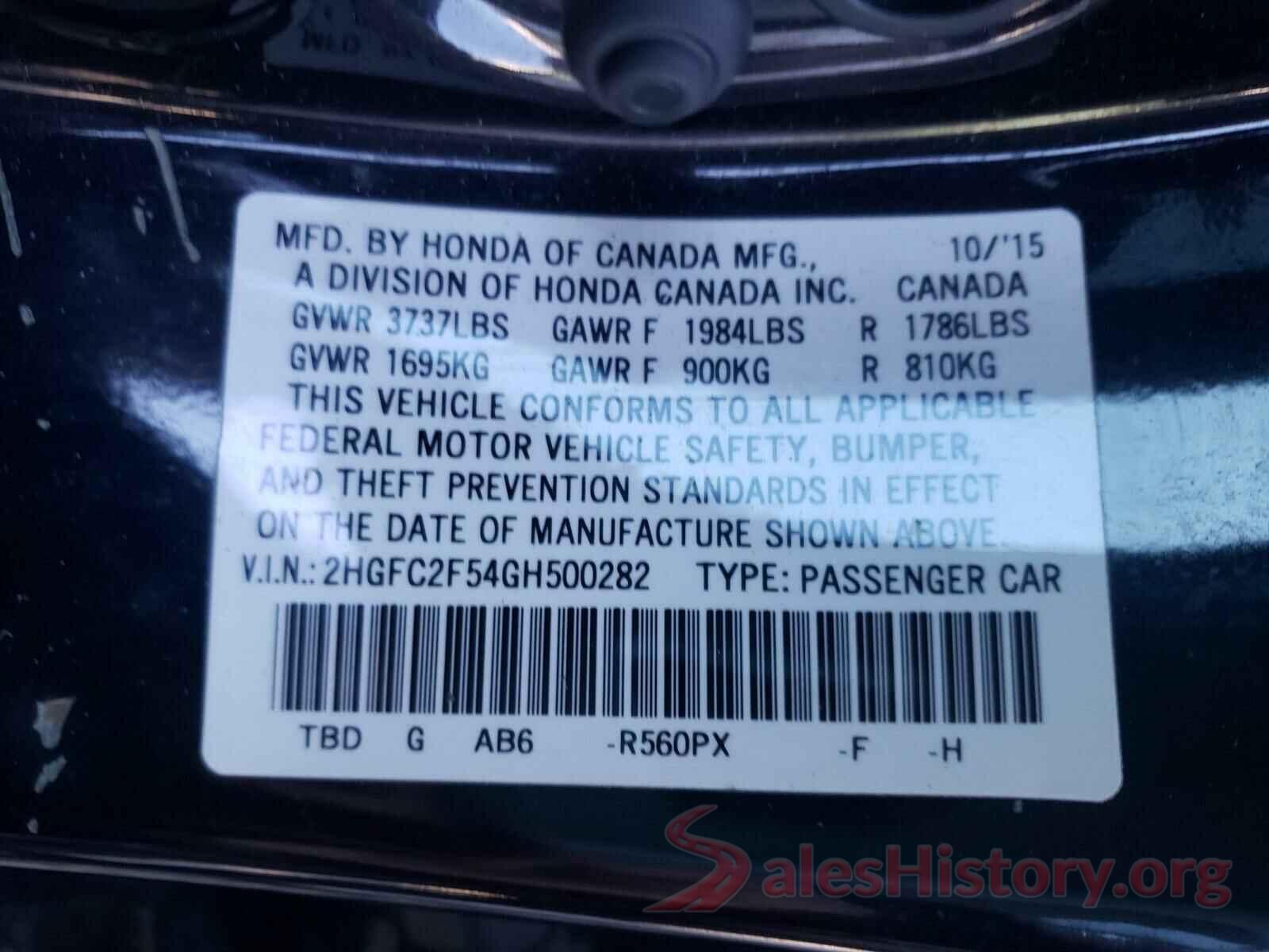 2HGFC2F54GH500282 2016 HONDA CIVIC