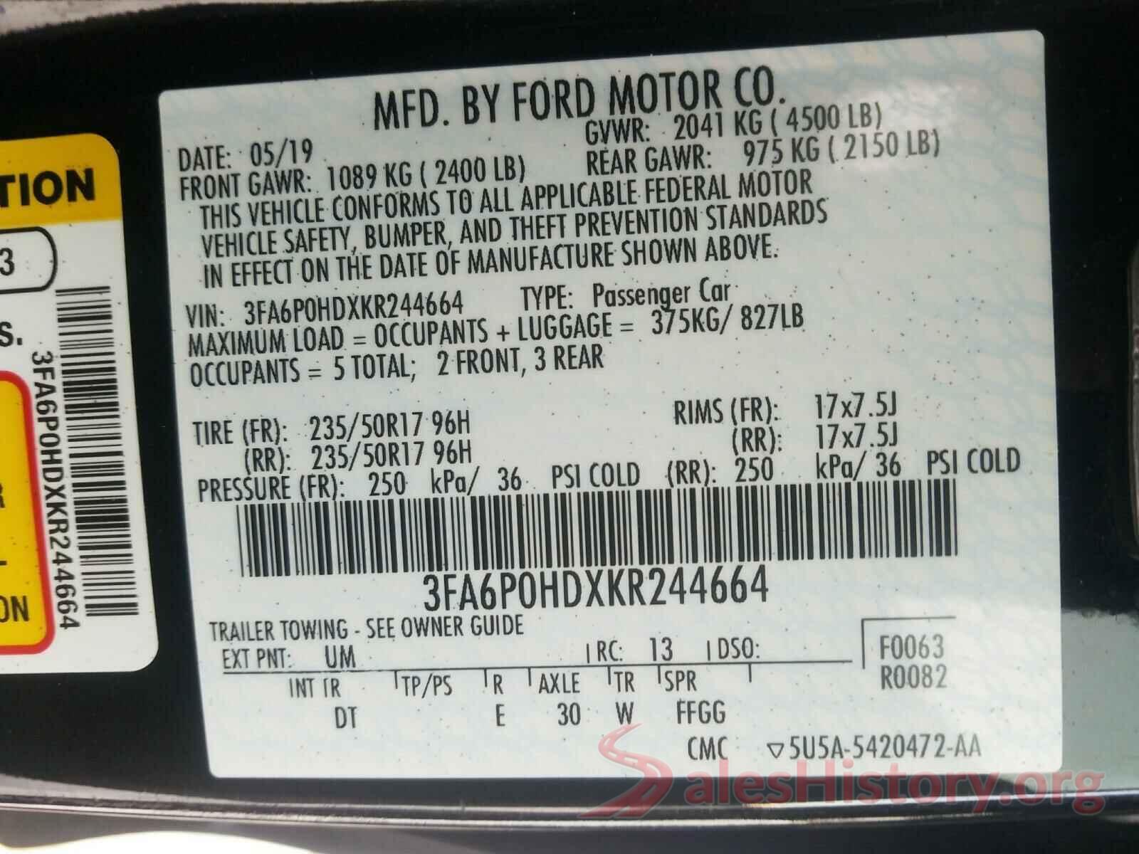 3FA6P0HDXKR244664 2019 FORD FUSION