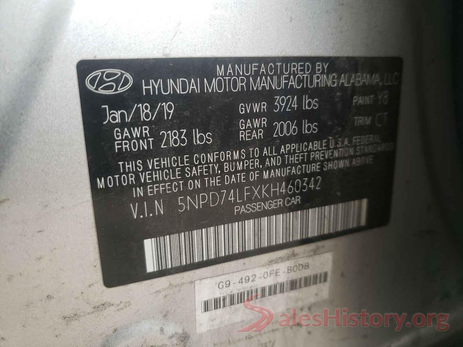 5NPD74LFXKH460342 2019 HYUNDAI ELANTRA