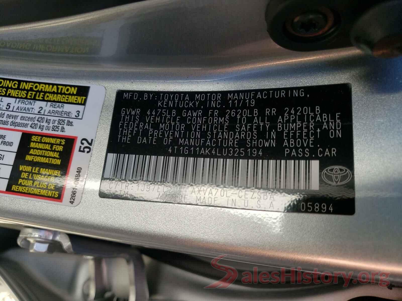 4T1G11AK4LU325194 2020 TOYOTA CAMRY