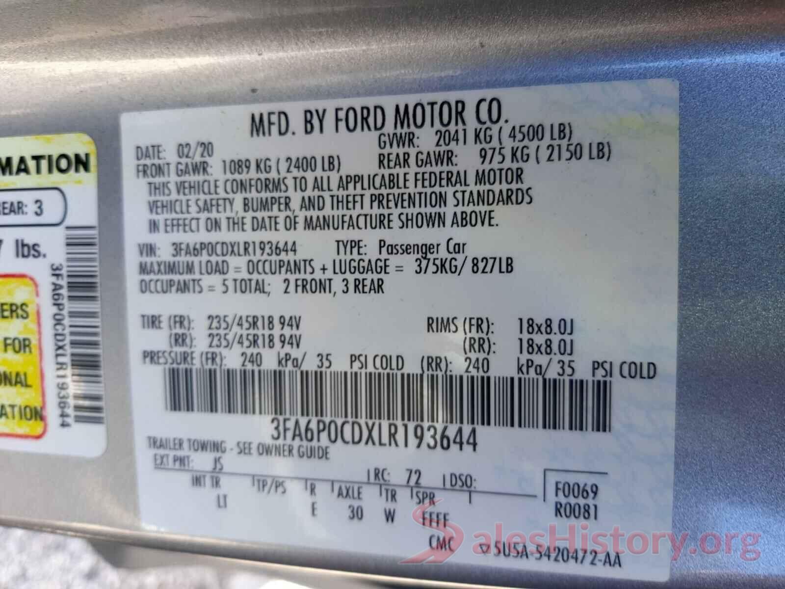 3FA6P0CDXLR193644 2020 FORD FUSION