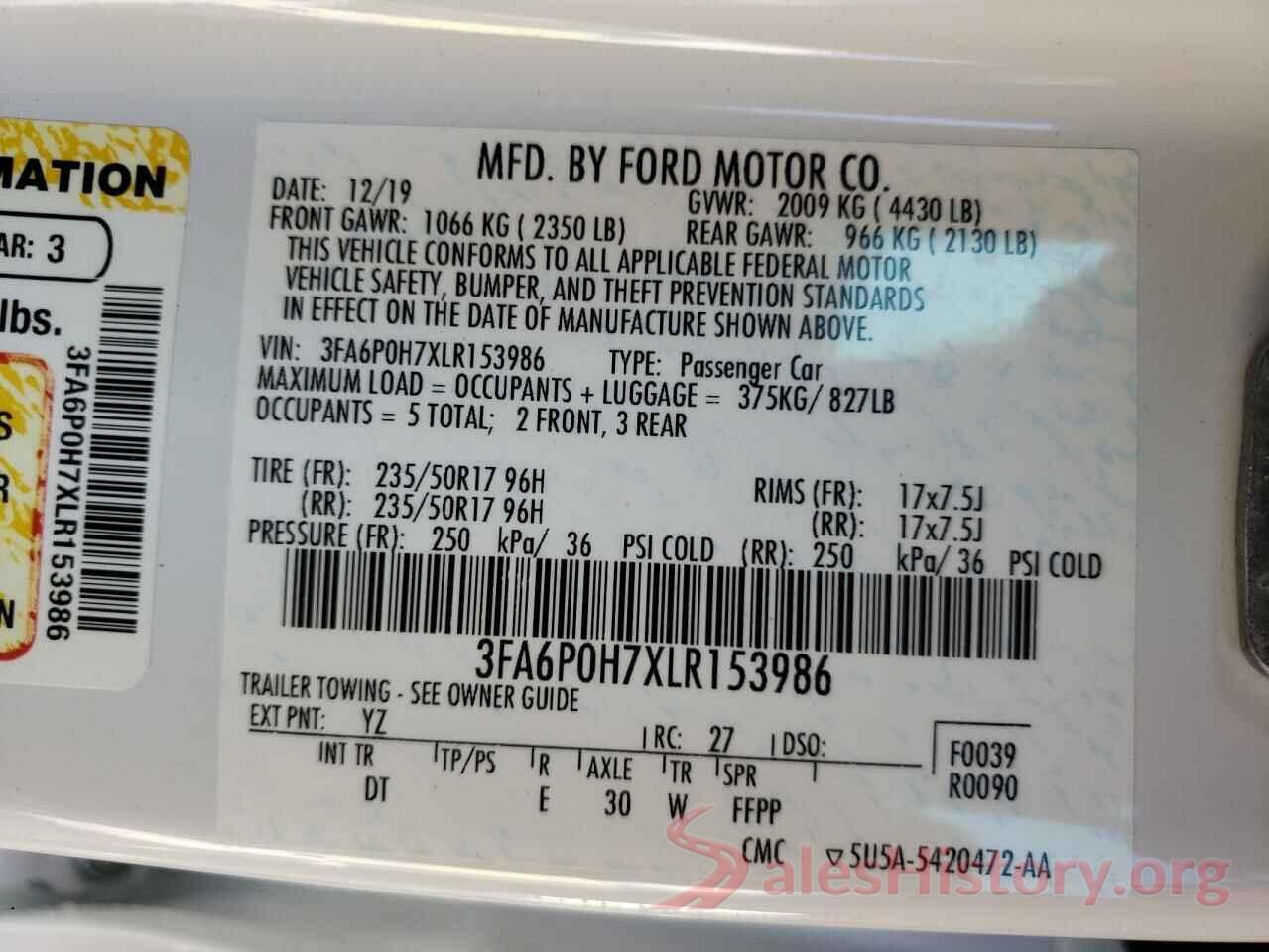 3FA6P0H7XLR153986 2020 FORD FUSION