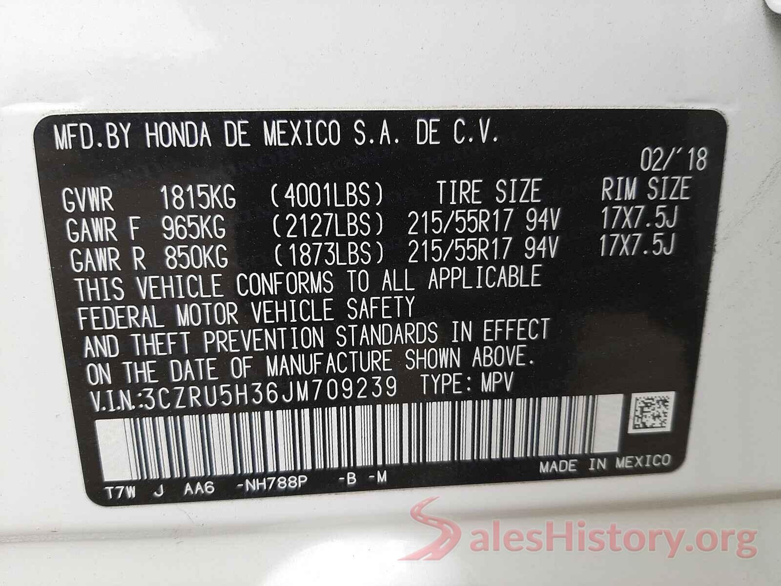 3CZRU5H36JM709239 2018 HONDA HR-V