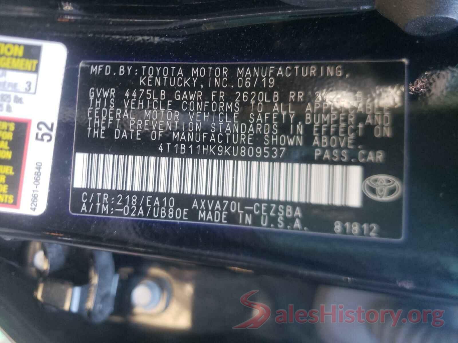 4T1B11HK9KU809537 2019 TOYOTA CAMRY