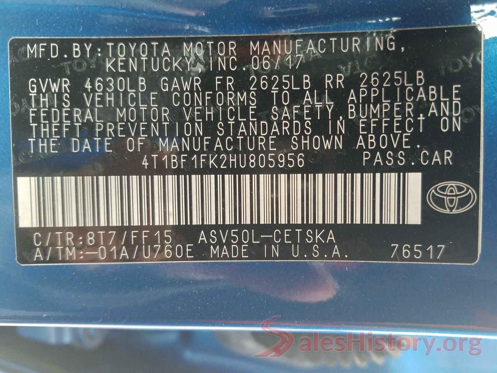 4T1BF1FK2HU805956 2017 TOYOTA CAMRY