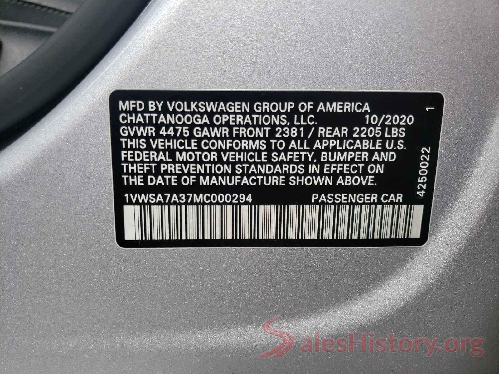 1VWSA7A37MC000294 2021 VOLKSWAGEN PASSAT