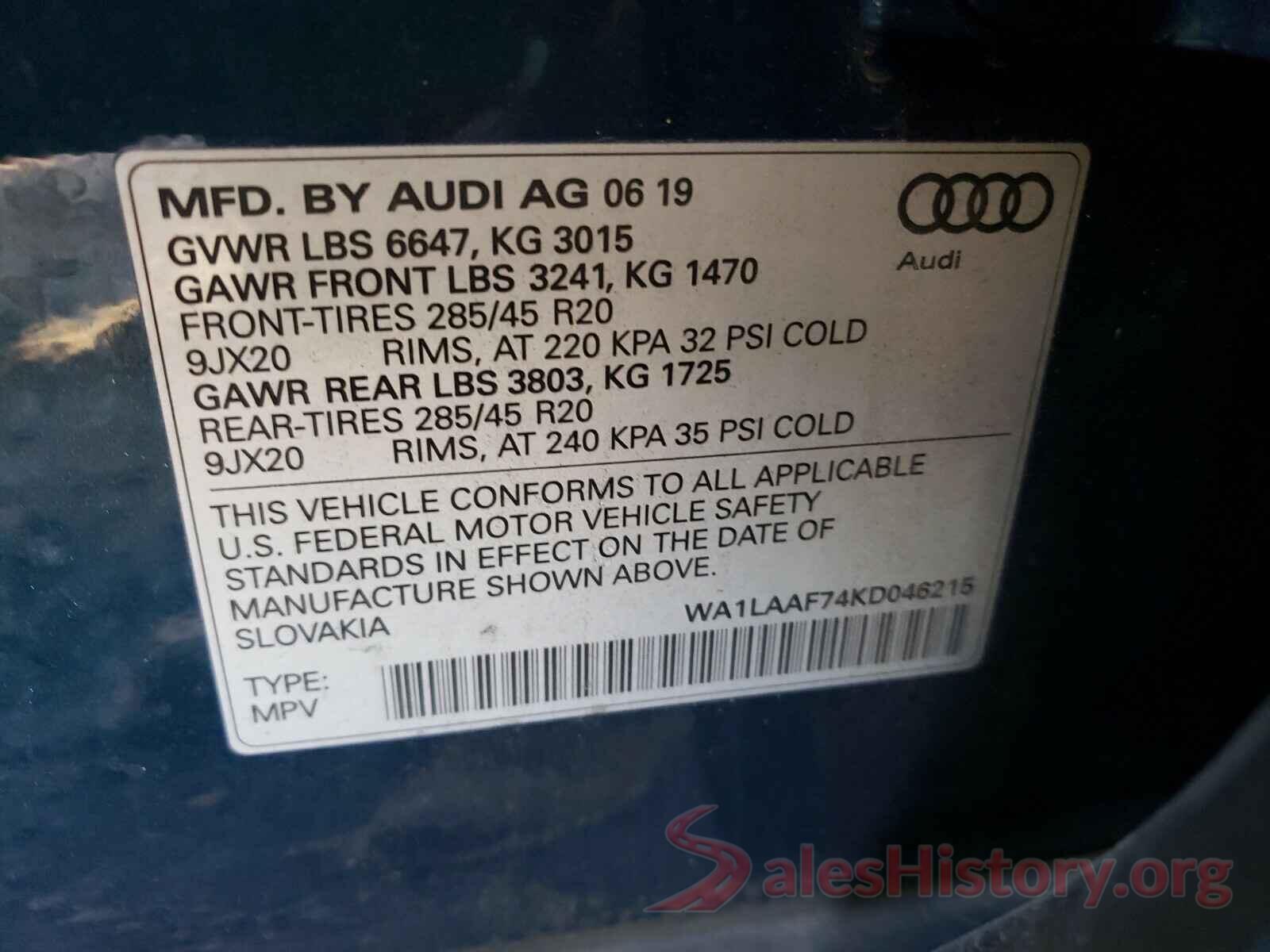 WA1LAAF74KD046215 2019 AUDI Q7