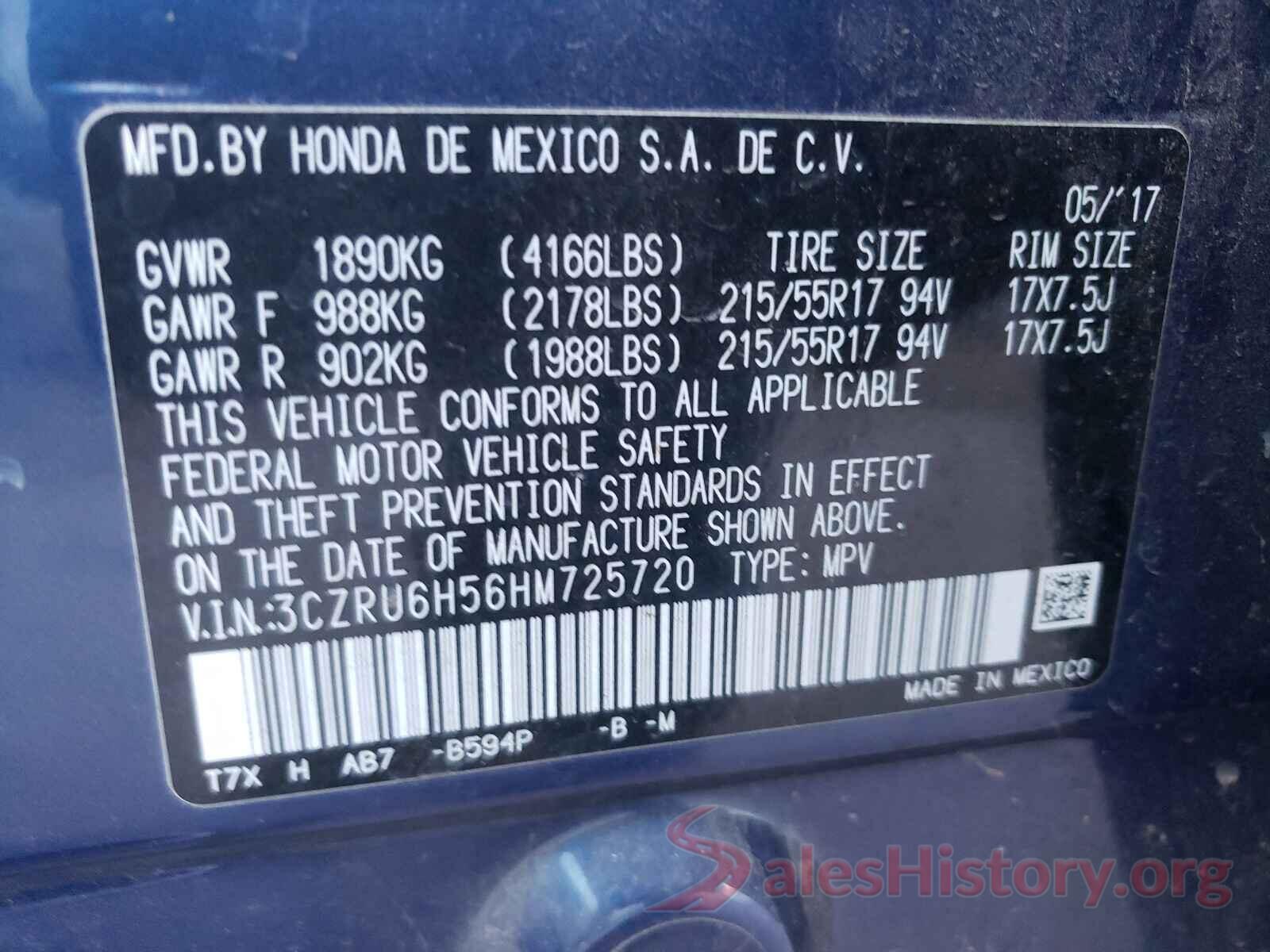 3CZRU6H56HM725720 2017 HONDA HR-V