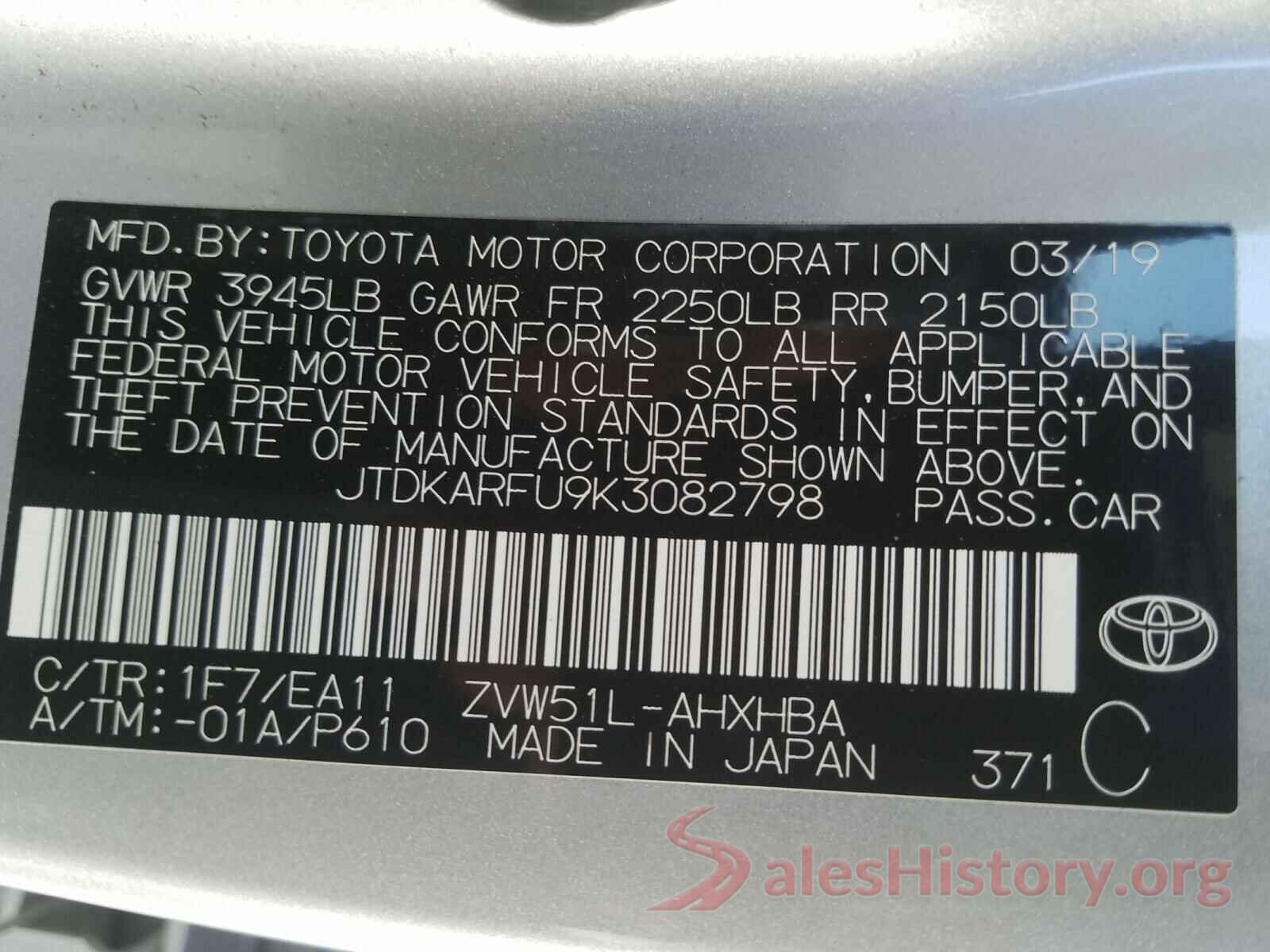 JTDKARFU9K3082798 2019 TOYOTA PRIUS