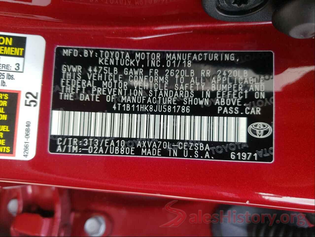 4T1B11HK8JU581786 2018 TOYOTA CAMRY