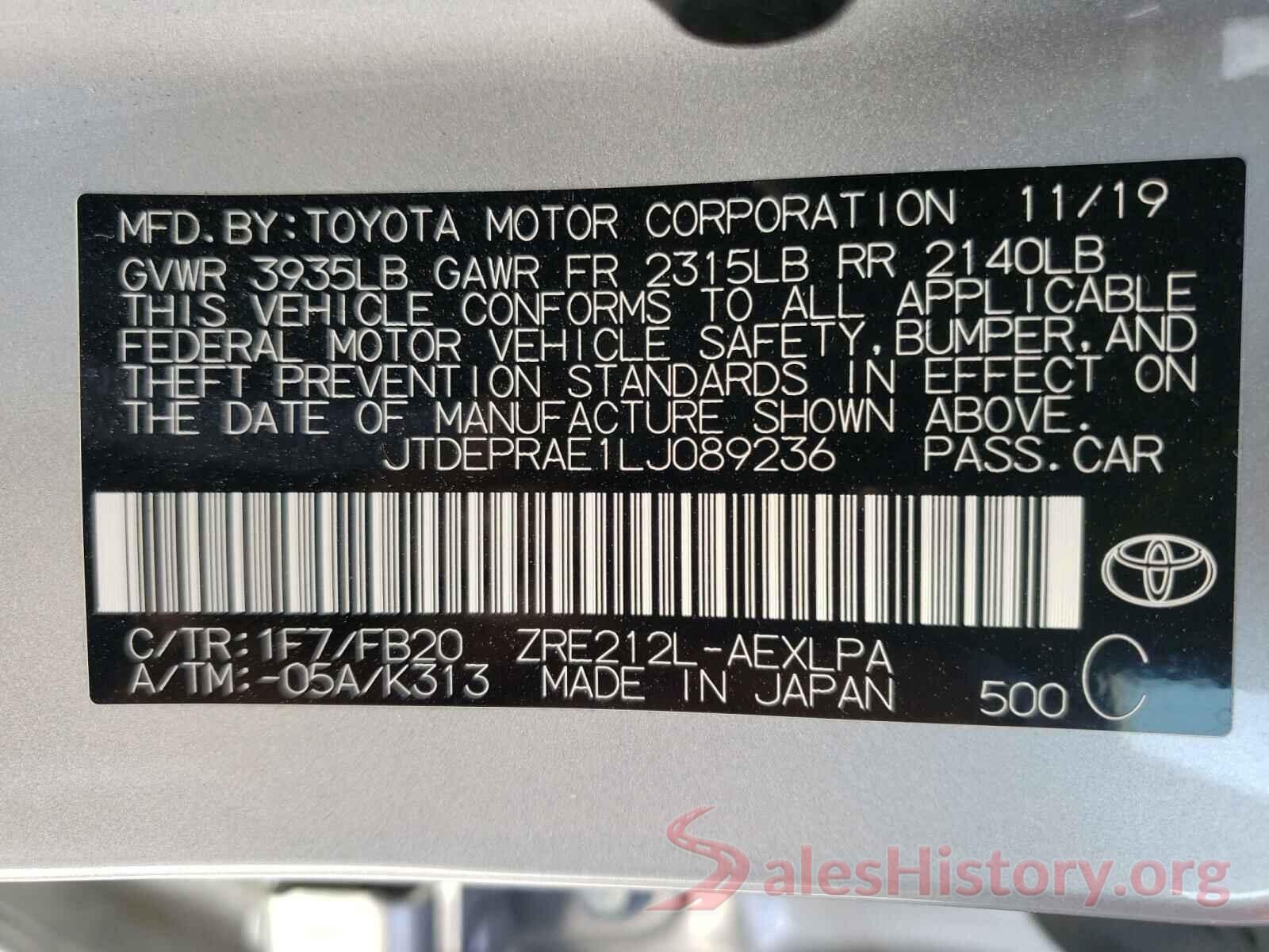 JTDEPRAE1LJ089236 2020 TOYOTA COROLLA