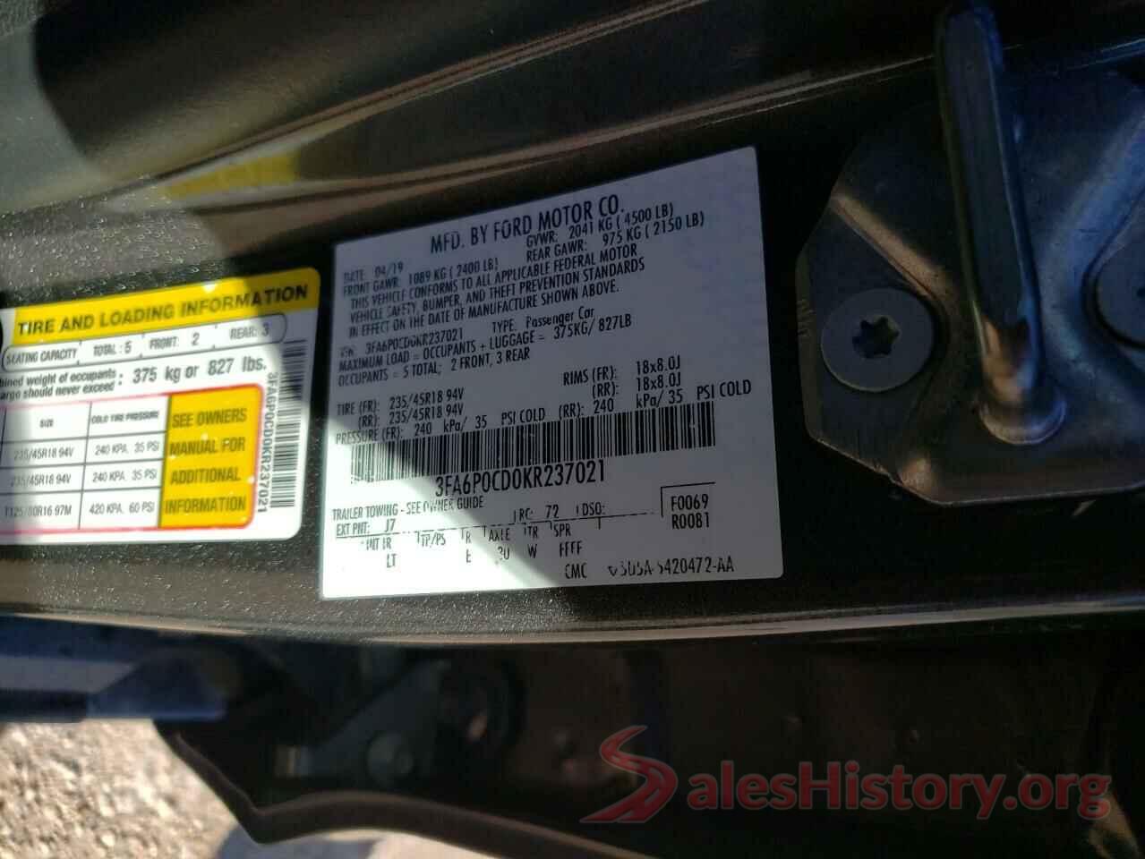 3FA6P0CD0KR237021 2019 FORD FUSION