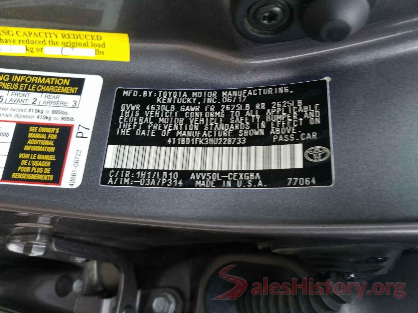 4T1BD1FK3HU228733 2017 TOYOTA CAMRY