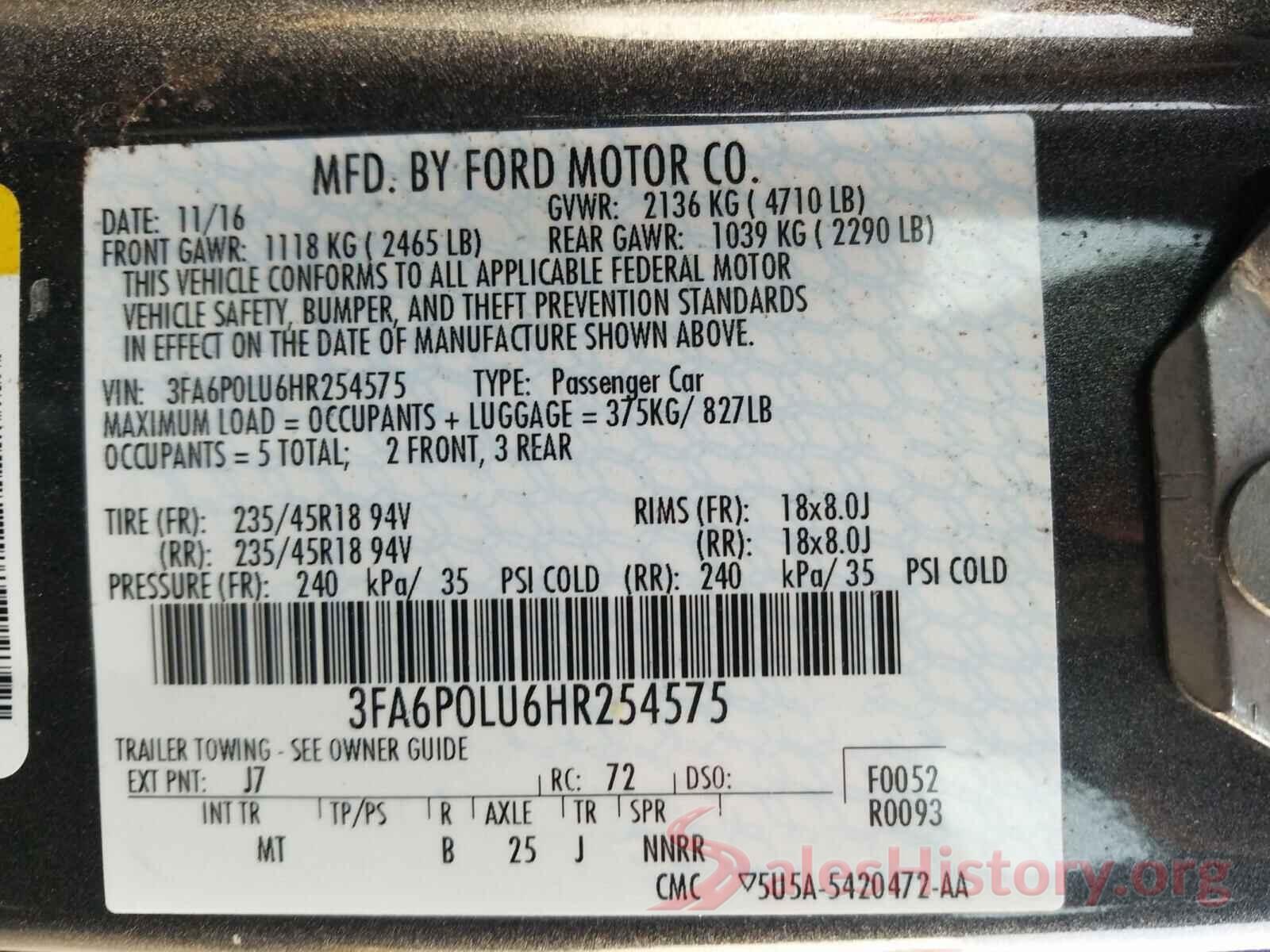 3FA6P0LU6HR254575 2017 FORD FUSION