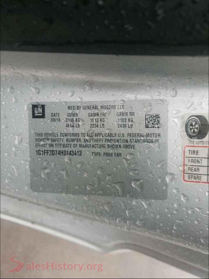 2017 CHEVROLET CAMARO VIN 1G1FF3D74H0143412, odometer mileage