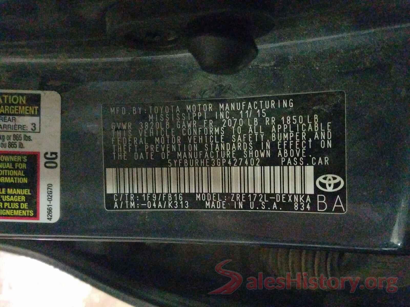 5YFBURHE3GP427402 2016 TOYOTA COROLLA